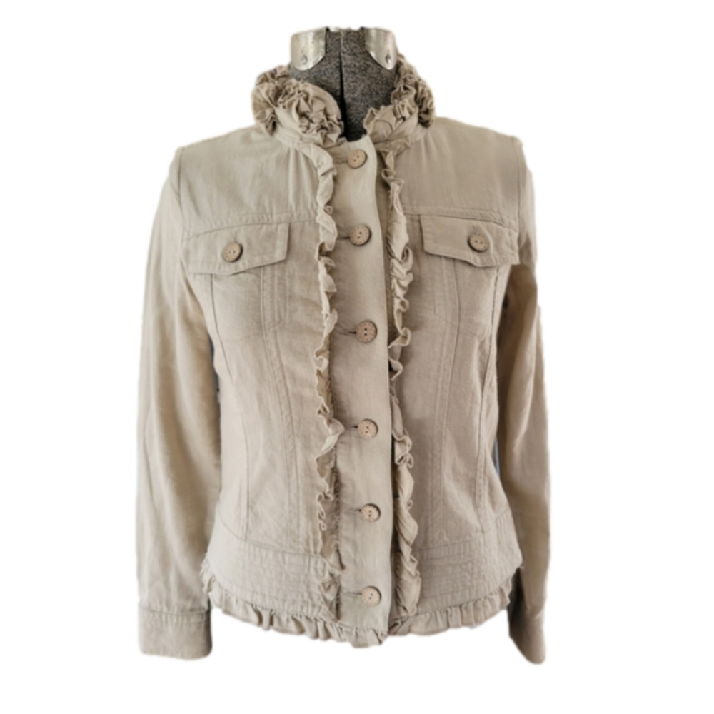 Tribal Linen Tan Ruffled Jacket Coat-Size  4